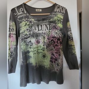 Unique Gray Graphic Three-Quarter Sleeve Top 100% Cotton